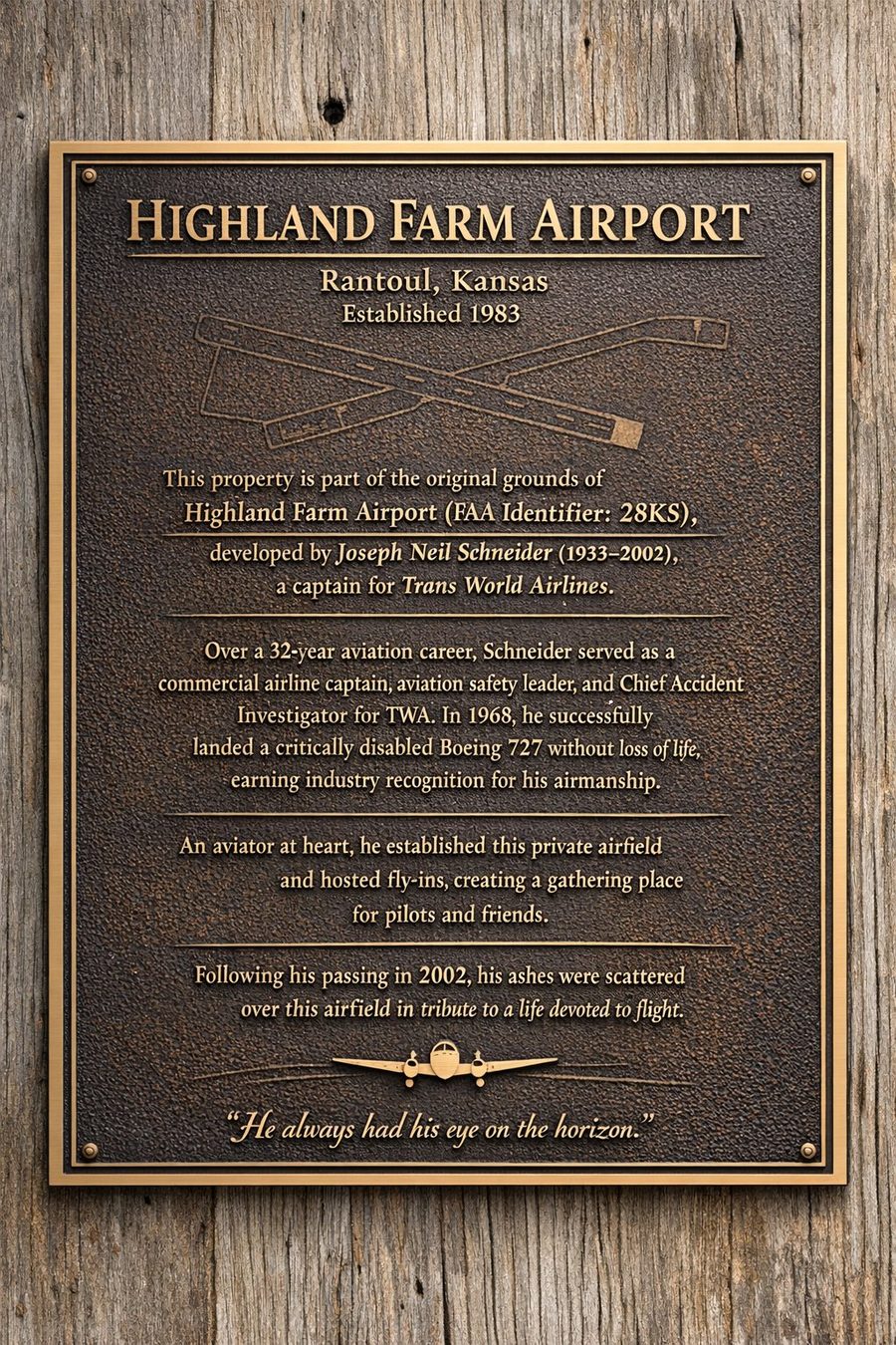 Highland Farm Airport tribute plaque — Rantoul, Kansas